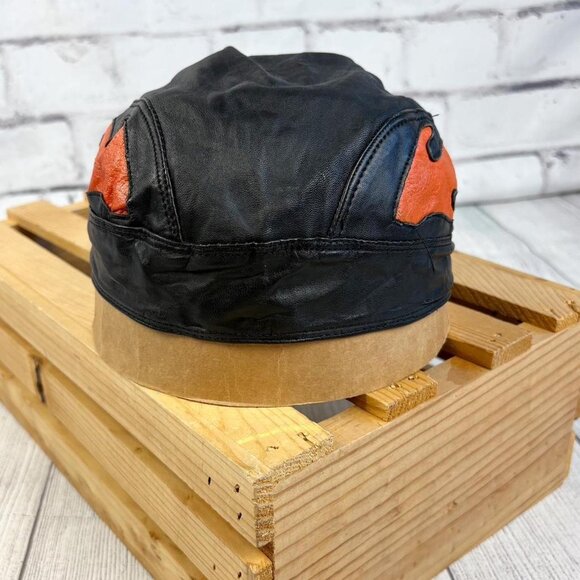 Black Leather Biker Skull Cap / Head Wrap with Orange Flames - Picture 2 of 6